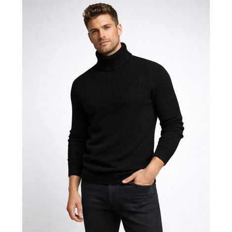 Warmer Herren-Rollkragenpullover, Wolle, schwarz, Recea XL