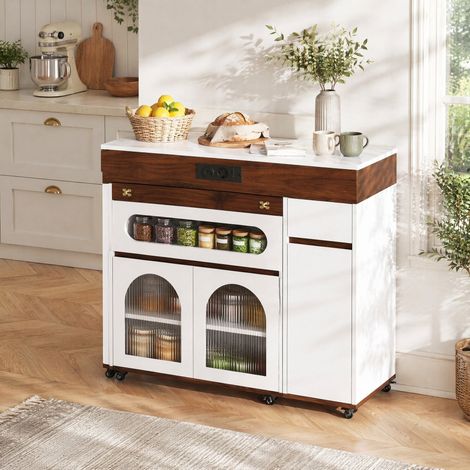 Isola da cucina estensibile su ruote con prese, MDF, bianco e rovere, OKWISH (1/5)