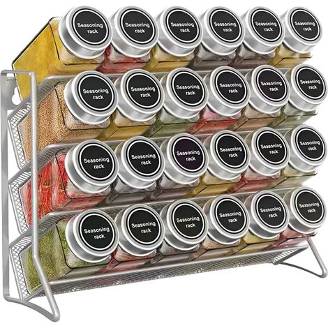 (Argent) Étagère de rangement murale à 4 niveaux pour épices et condiments, en acier au carbone, idéale pour ranger les petites boîtes de conserve. (1/5)