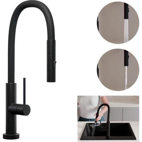 PRIMAGRAN Robinet de cuisine 6030, Robinet d'évier rotation 360°, Robinet haute pression, avec bec flexible FLEX, Robinet flexible haute pression, Noir (1/4)