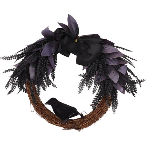 Couronne d'Halloween avec nœud papillon et corbeau, guirlande décorative pour porte d'entrée ou couloir (1/5)