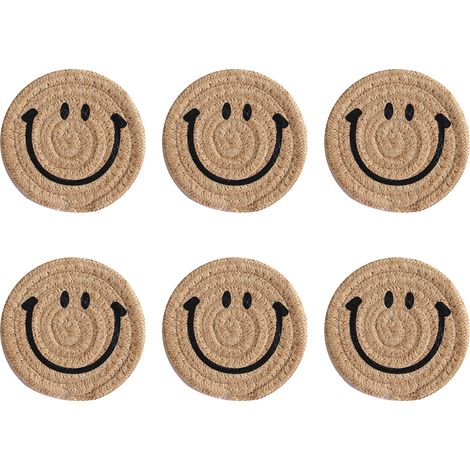 Sous-Verre Tissé Main - Coton Naturel - 10 cm Diamètre - Protection Table - Design Visage Souriant - Lot de 4 (1/5)