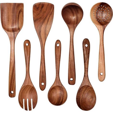 Ustensiles de Cuisine Bois - Set de Cuisine Premium 7Pièces - Ensemble d'Ustensiles en Bois de Teck Facile à Nettoyer - Matériau Léger, Résistant à la Chaleur, Durable & Anti-Rayures (1/5)