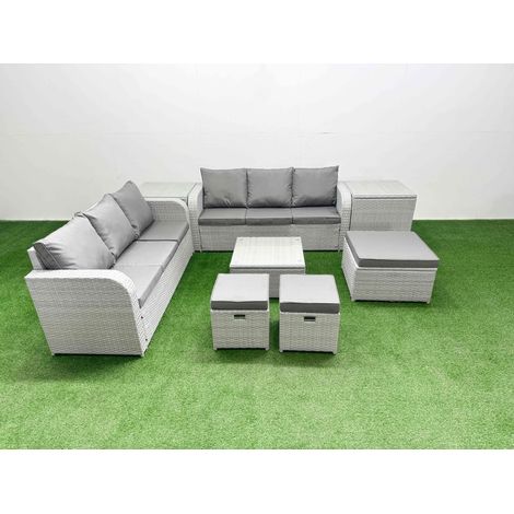 Fimous Outdoor Garden Furniture Sets 9 Seater Wicker Rattan Furniture Sofa Sets with Square Coffee Table high Back Lounge Sofa 3 Stools 2 Side Table Light Grey (1/4)