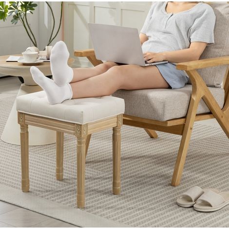 Pouf repose-pieds rembourré en tissu effet lin beige avec pieds en bois 42 x 32 x 46,5 cm OKWISH (1/5)