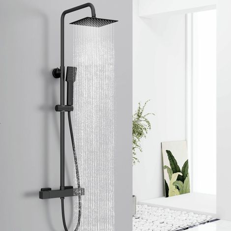 OCEAN Colonne de Douche Thermostatique Salle de bain, Colonne de Douche Noir Réglable en Hautuer, Anti-brûlure, Système de Douche en Inox 304, Chrome