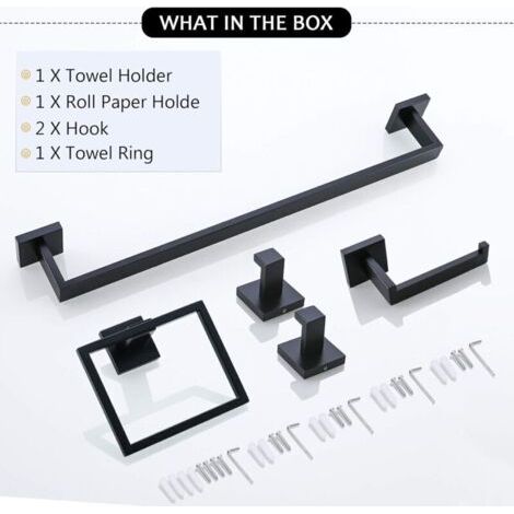 NALOOKAMIC Ensemble d'accessoires de salle de bain 5 pièces en acier inoxydable noir mat et or brossé , porte-serviettes et 2 crochets pour serviettes , fixation murale en acier inoxydable (noir)