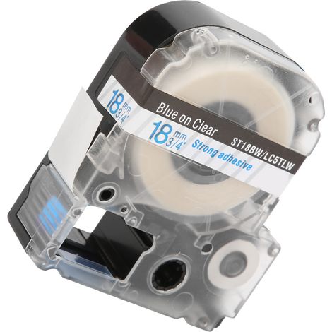 Ruban d'étiquetage 18 mm PET résistant à l'eau pour imprimante d'étiquettes Epson/étiqueteuse KingJim, inscription bleue sur fond transparent (1/5)