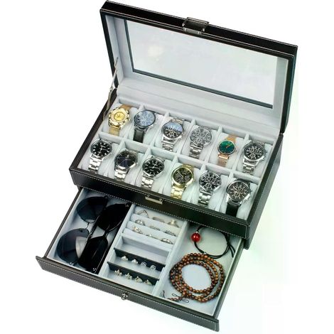 Abschließbare Uhrenaufbewahrungsboxen aus PU-Leder mit 12 Fächern, Schmuckaufbewahrungsschublade für Damen und Herren, 2-stöckiger Organizer, Uhrenvitrine (1/4)