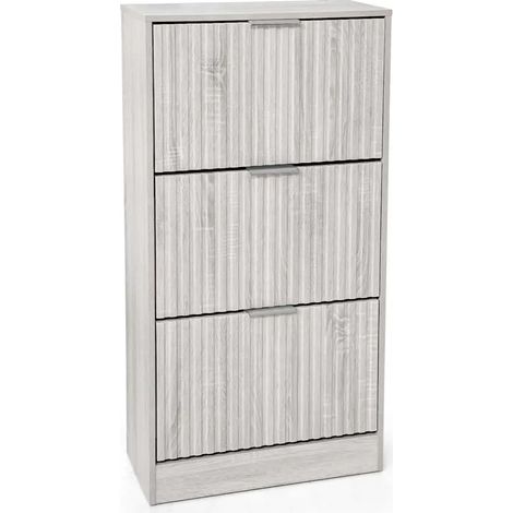Moderne Schuhkommode Gea, 60 x 24 x 120 cm, weißes Holz, 3 Türen mit 6 Fächern