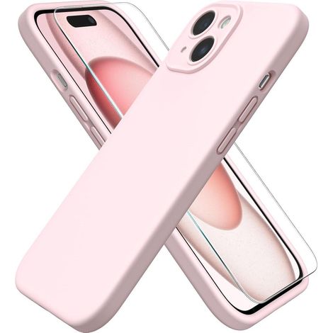 iPhone 15 Hülle Silikon mit Kameraschutz und Schutzfolie - Rosa (1/5)