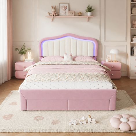 Lit enfant 140x200 cm avec LED, tête de lit avec dossier blanc, 2 tiroirs de rangement, lit rembourré Velours Rose (1/5)
