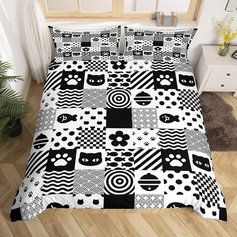 Chat Parure de Lit 140x200cm Mignon Pet Cats Parure Housse de Couette Enfants Mignon Dessin animé Fish Housse de Couette pour Enfants Filles Élégant Noir et Blanc Motif Patchwork Room Decor - 140 x 20 (1/5)