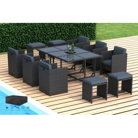 Hobag – Salon de jardin encastrable 10 places – Résine tressée noire – Coussins déhoussables imperméables – Table carrée avec plateau en verre