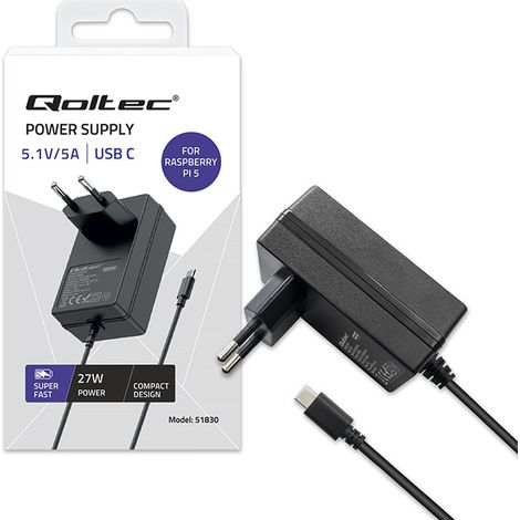 Cargador PD superrápido Qoltec para Raspberry PI 5 USB-C 27 W 5,1 V 5 A Negro (1/5)