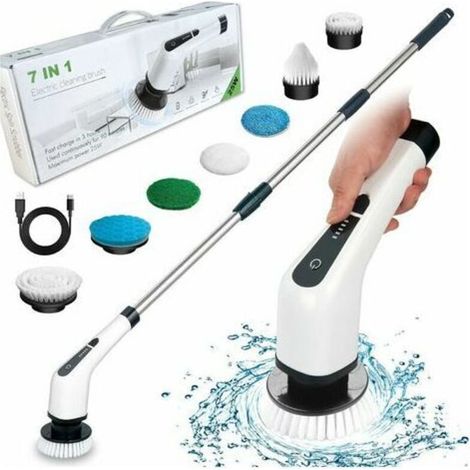 – Brosse de nettoyage électrique sans fil – 7 têtes interchangeables – Poignée réglable 25-140 cm – Nettoyage salle de bain, cuisine, voiture