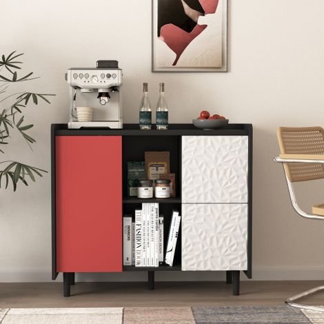 Credenza/buffet, mobile contenitore nero con ante rosse, 2 cassetti con pannello dal design unico e 2 vani a giorno, mobile bar moderno, mobile d'accento per cucina e sala da pranzo. (1/5)
