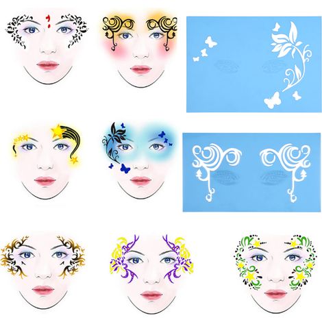 Ensemble de 7 pochoirs réutilisables pour peinture faciale et corporelle, motifs fleurs et papillons (1/5)