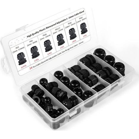 Presse toupe,Lot de 34 presse-toupes en plastique tanche, PG7, PG9, PG11, PG13,5, PG16, PG19 (1/4)