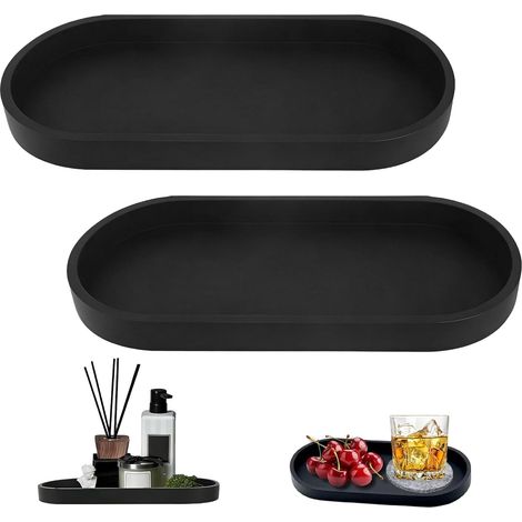 2 Pièces Plateau Salle de Bain Ovale, Noir Plateau Decoratif Rangement, Decoration Salle de Bain en Silicone pour Salon Chambre Lavabo Baignoire Cuisine, Organise Efficacement Les Objets (1/5)