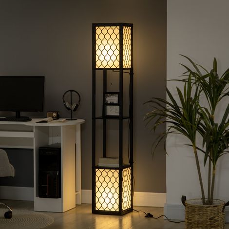 Lampadaire colonne en MDF et plastique PP avec 2 étagères, pour salon, bureau et chambre, 26 x 26 x 156 cm, blanc et noir