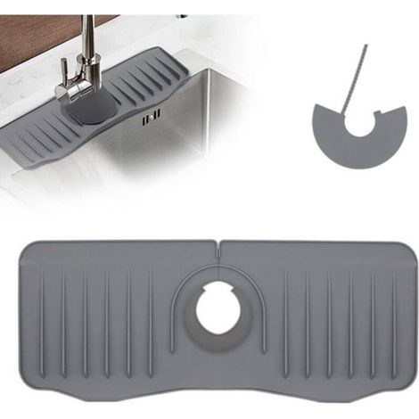 Tapis De Robinet - Silicone Alimentaire - Protection Anti-éclaboussures Pour Évier Cuisine Salle De Bain - 37 X 14,5 Cm - Gris (1/4)