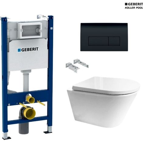 Bastidor empotrado GEBERIT Duofix pack cisterna y pulsador Delta 50 negro con inodoro suspendido Orion tapa envolvente blanco Vortex 51.5 cm