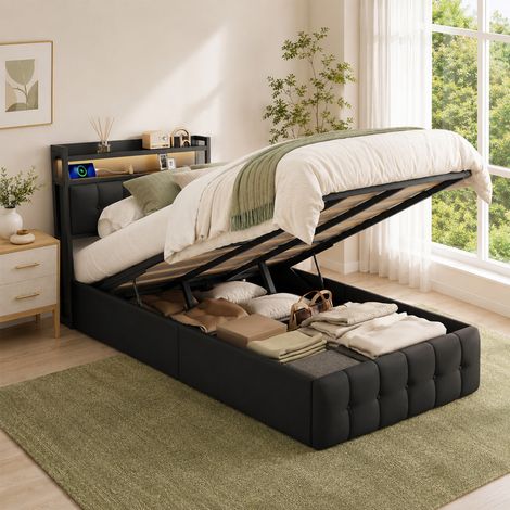 Lit Coffre 90x200 cm avec Dossier Confortable, Lit 90x200 cm avec Éclairage LED et Multiprise, Lit Hydraulique, Noir (1/5)