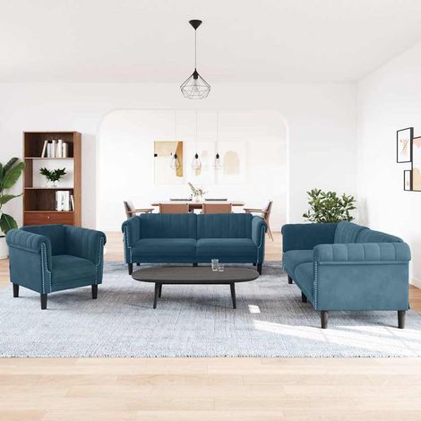 3-tlg. Sofagarnitur Blau Samt