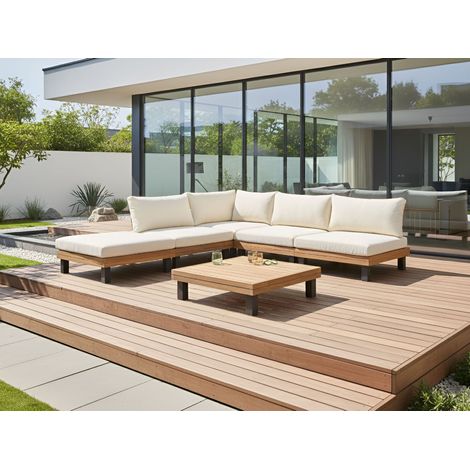 Conjunto de jardín con sofá esquinero modular y mesa de centro de madera de acacia certificada cojines de poliéster blanco crema Frazzano (1/5)