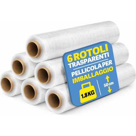 Set 6 Rotoli Pellicola da Imballaggio Film Estensibile Trasparente Altezza 50 cm