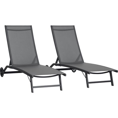 Set di 2 lettini prendisole in alluminio e textilene con ruote, schienale regolabile, portata massima 150 kg, grigio scuro.