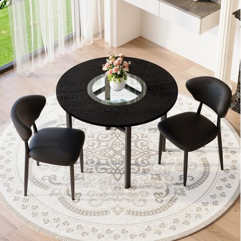 Conjunto de comedor MDF, cristal y metal negro, mesa redonda Ø100 cm con 2 sillas de PU y estante de vidrio (1/5)
