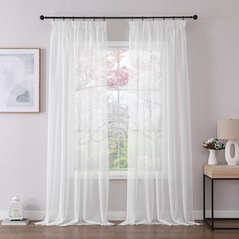Lot de 2 Rideau Voilage Blanc 140x200cm avec Galon Fronceur pour Rail, Polyester Semi-Transparent pour Salon Chambre
