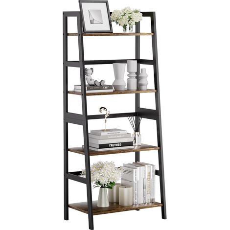 Etagere Echelle 4 Niveaux, Bibliotheque Salle de Bain Rangement Autoportante avec Etageres Ouvertes, Cadre en Bambou, Support de Plantes Gain de Place, Marron Rustique et Noir (1/5)