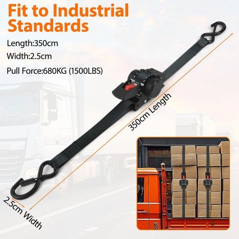 Einziehbare Ratschengurte, 2,5 cm x 3,5 m, Hochleistungs-Spanngurte mit automatischer Spannvorrichtung, maximale Bruchlast von 1360 kg mit S-Haken für Umzüge, Anhänger, Motorräder und Kajaks (1/5)