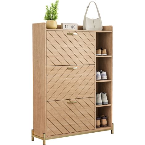 Scarpiera 90 x 24 x 119 cm in MDF effetto rovere, 3 ante, salvaspazio - CHICFURN (1/5)