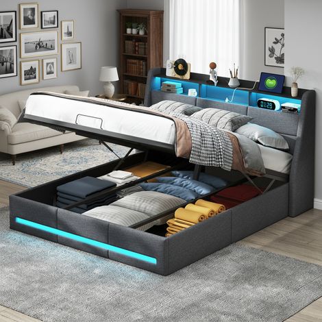 Lit 140x190 cm, prise électrique, éclairage LED multicolore et port USB, tête de lit en lin, cadre en métal, lit double avec rangement, gris (1/5)