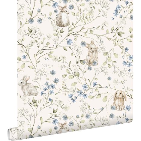 Papier peint intissé lapins beige vert bleu blanc – Dimensions 53cm x 10,05m – Écologique et facile à poser – Raccord sauté 26,5cm – Estahome