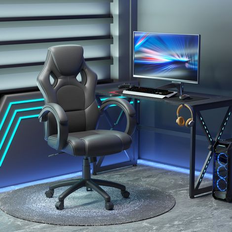 Silla gaming regulable en altura, silla de oficina con función de balanceo, giratoria y reclinable, 71x61x108-118 cm, negra.