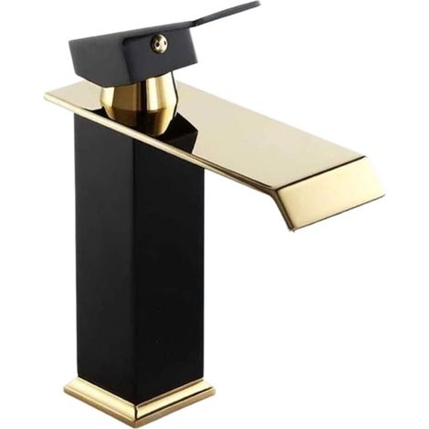 Robinet de salle de bain mitigeur monocommande en laiton massif noir mat avec accents dorés, bec cascade pour lavabo. Mitigeur eau chaude/eau froide.