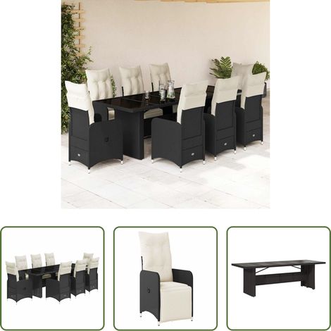 Gartentisch - 9-tlg. Garten-Bistro-Set mit Kissen Schwarz Poly Rattan (1/5)