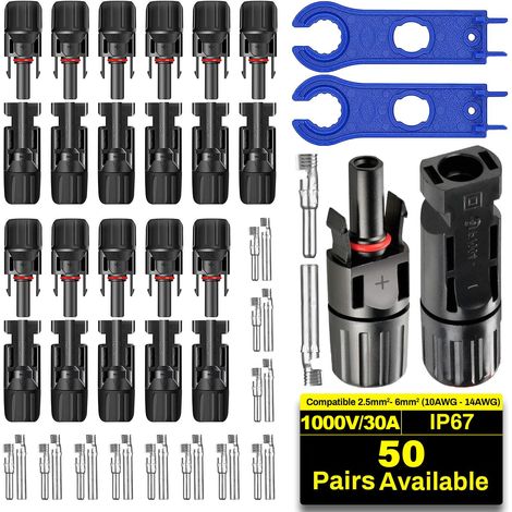 Lot de 50 paires de fiches solaires IP67 - Fiche PV 2,5/4/6 mm² mâle/femelle - Connecteur de câble pour panneau solaire (1/5)