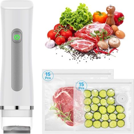 Machine à emballer sous vide portable sans fil, blanche, avec 30 sacs (15 de 2122 cm et 15 de 2628 cm). (1/5)
