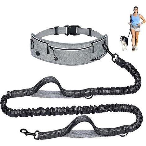 Guinzaglio per cani, cintura anti-sprint per cani, guinzaglio flessibile per cani, cintura regolabile per fianchi con tasche, portabottiglie, cordino elastico riflettente e (1/5)