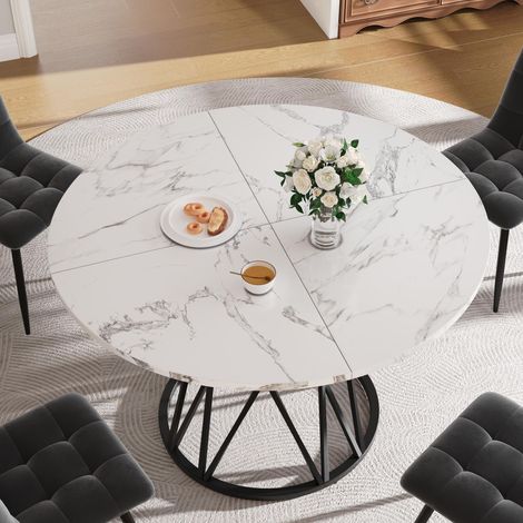 Tavolo da pranzo tondo 100x100x76 cm, tavolo da cucina, tavolo rotondo per 4 persone, ideale per sala da pranzo, soggiorno, piedi in metallo, effetto marmo - Nero