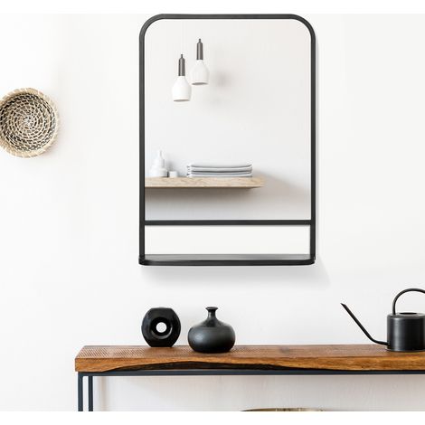 Miroir mural avec étagère 70 x 50 cm, rectangulaire à coins arrondis, noir, cadre en fer HAVRYA (1/5)