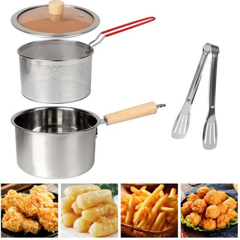 Marmite à Friture avec Panier, 2500 ML 304 Friteuse en Acier Inoxydable Ensemble de Marmite à Friteuse Tempura Japonaise, avec Poignée, pour Frites Poisson Ailes de Poulet