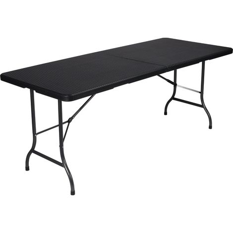 Perel Klapptisch, Buffettisch, Campingtisch, Picknicktisch, Rattanoptik schwarz, klappbar tragbar mit Griff, HDPE Platte und Stahlgestell 180 x 75 x 72 cm, für innen und außen