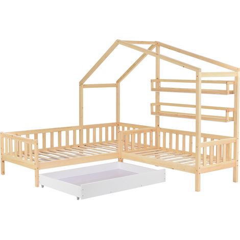 Letto a casetta per bambini con cassetti e mensole, pino e MDF, naturale, 90 x 200 cm + 140 x 70 cm (1/5)